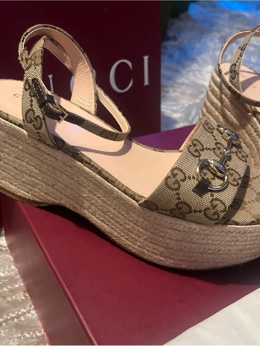 Gucci Brown Monogram Platform Espadrille Sandals with Gold Hardware